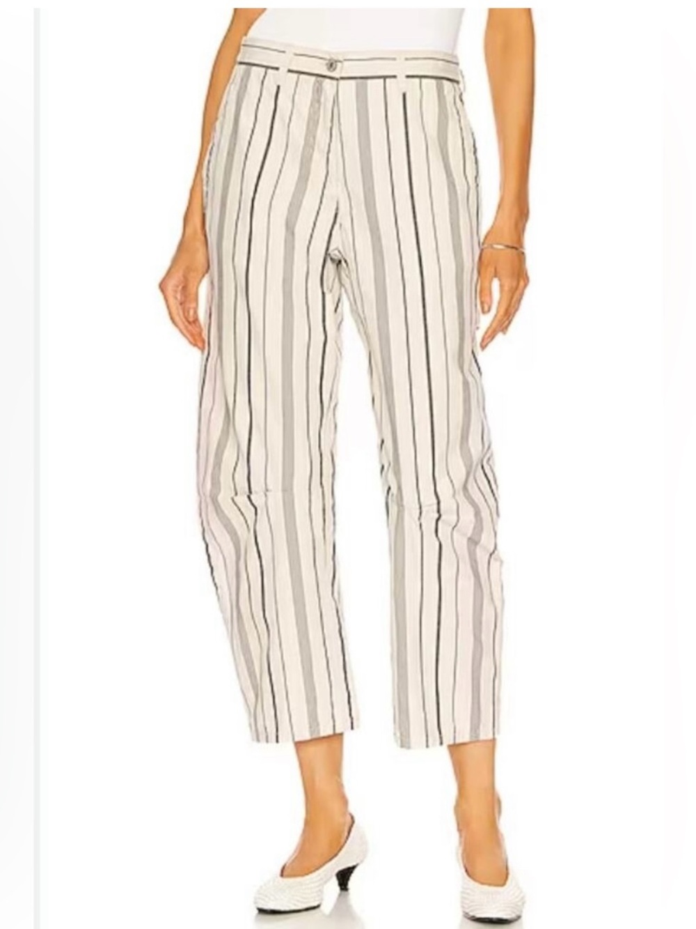 Nili Lotan Carpenter Pants In Blue & Ivory Stripe Cotton & Linen.